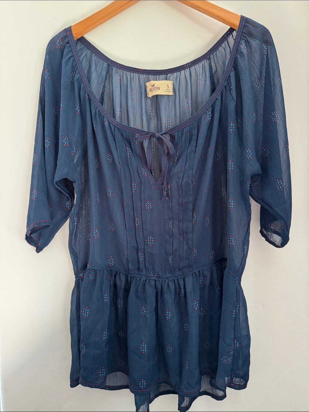 Hollister Navy Blue Semi SheerTie-Front Peasant Tunic Size S